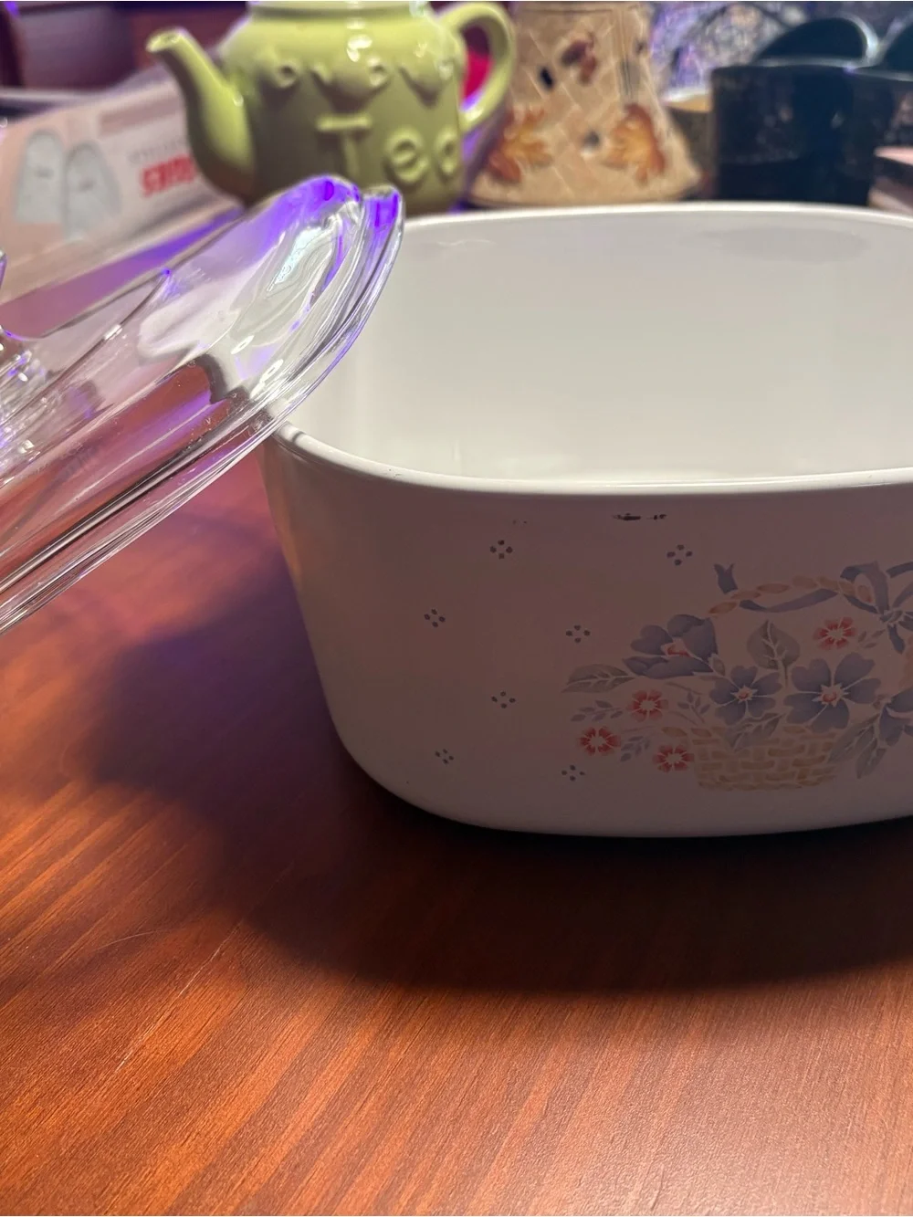 vintage Corning Ware casserole dish in the 
